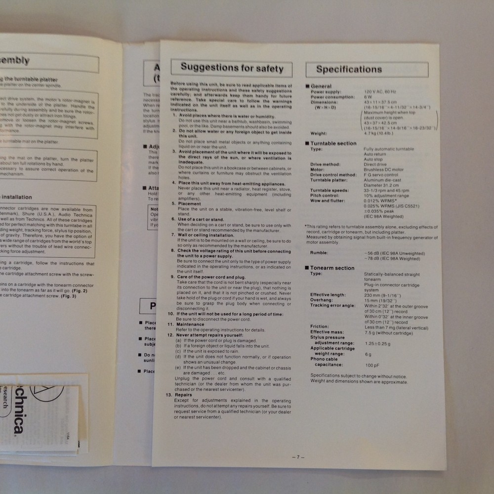 Vintage 1982 Technics Turntable System SL-D20 Operating Instructions Ephemera