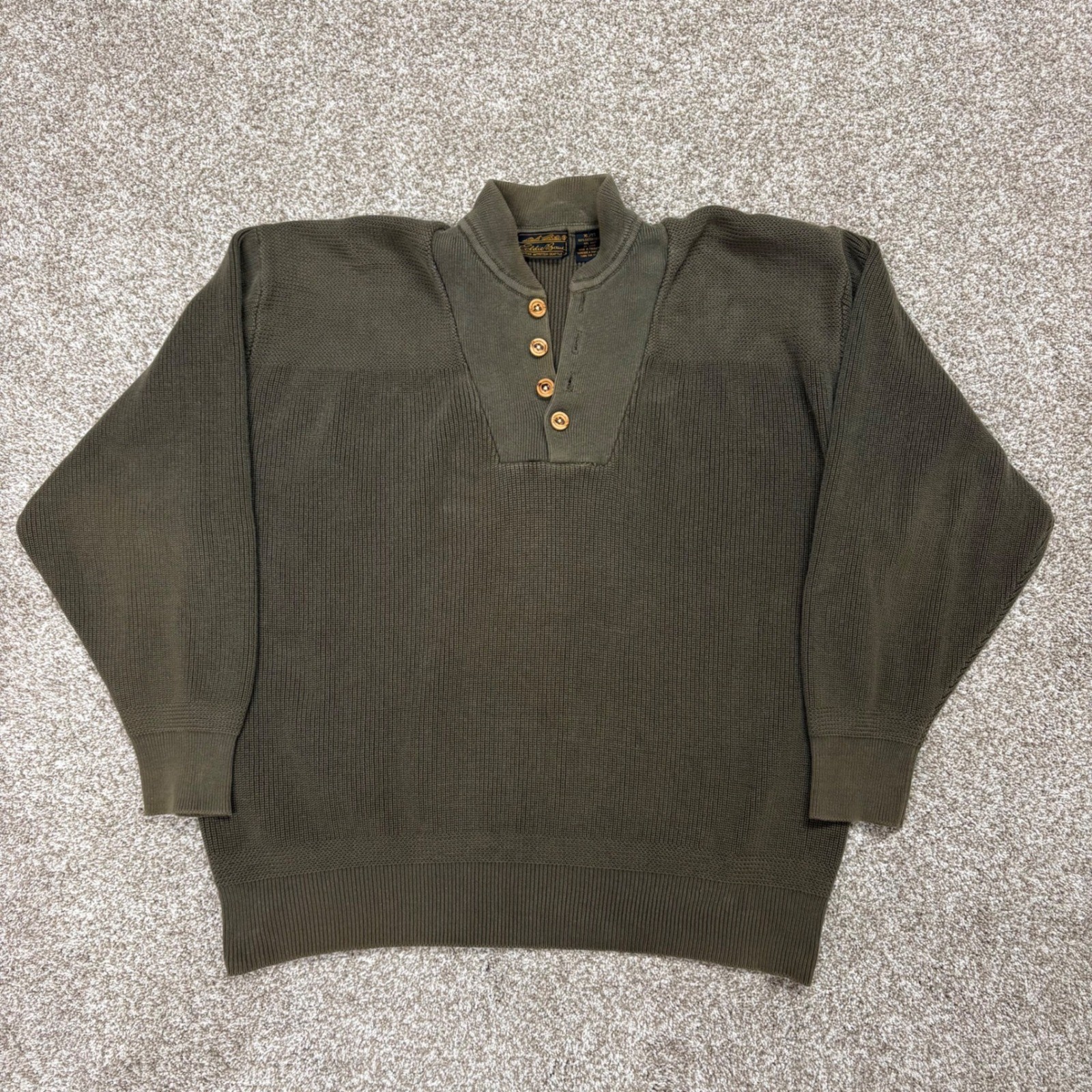 Vintage Eddie Bauer Henley Sweater Mens XL Olive Green Ribbed Cotton Mock Neck