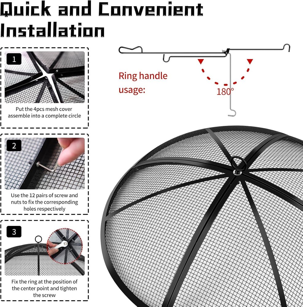 Fire Pit Spark Screen, Outdoor 22 Inch Round Fire Pit Screen with Foldable Hook