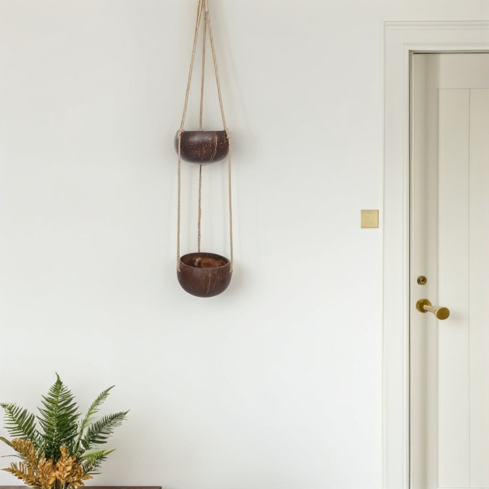Hanging Coconut Shell Planter Pot - Two-Layer Wall Plant Hanging Basket - Round