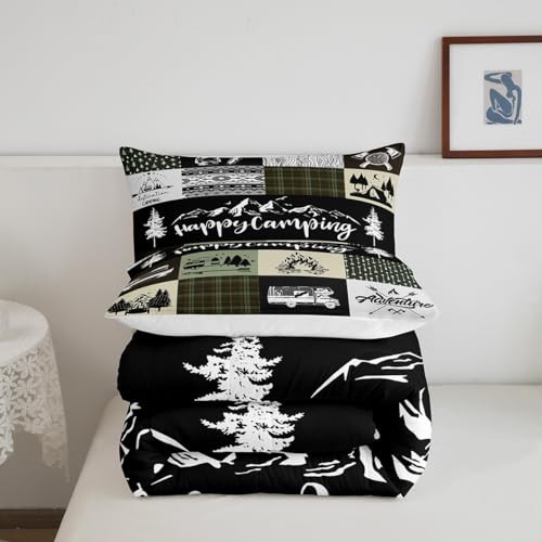 Camping Camper Size Comforter Set,RV Inside Decor Rustic Full Camping 06
