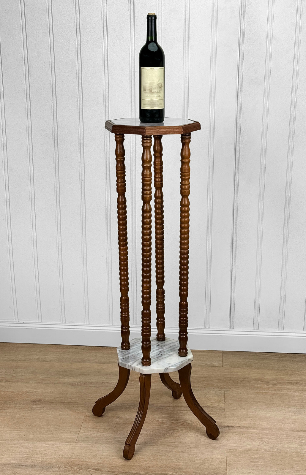 Vintage Traditional Turned Walnut & Marble Plant Stand Pedestal