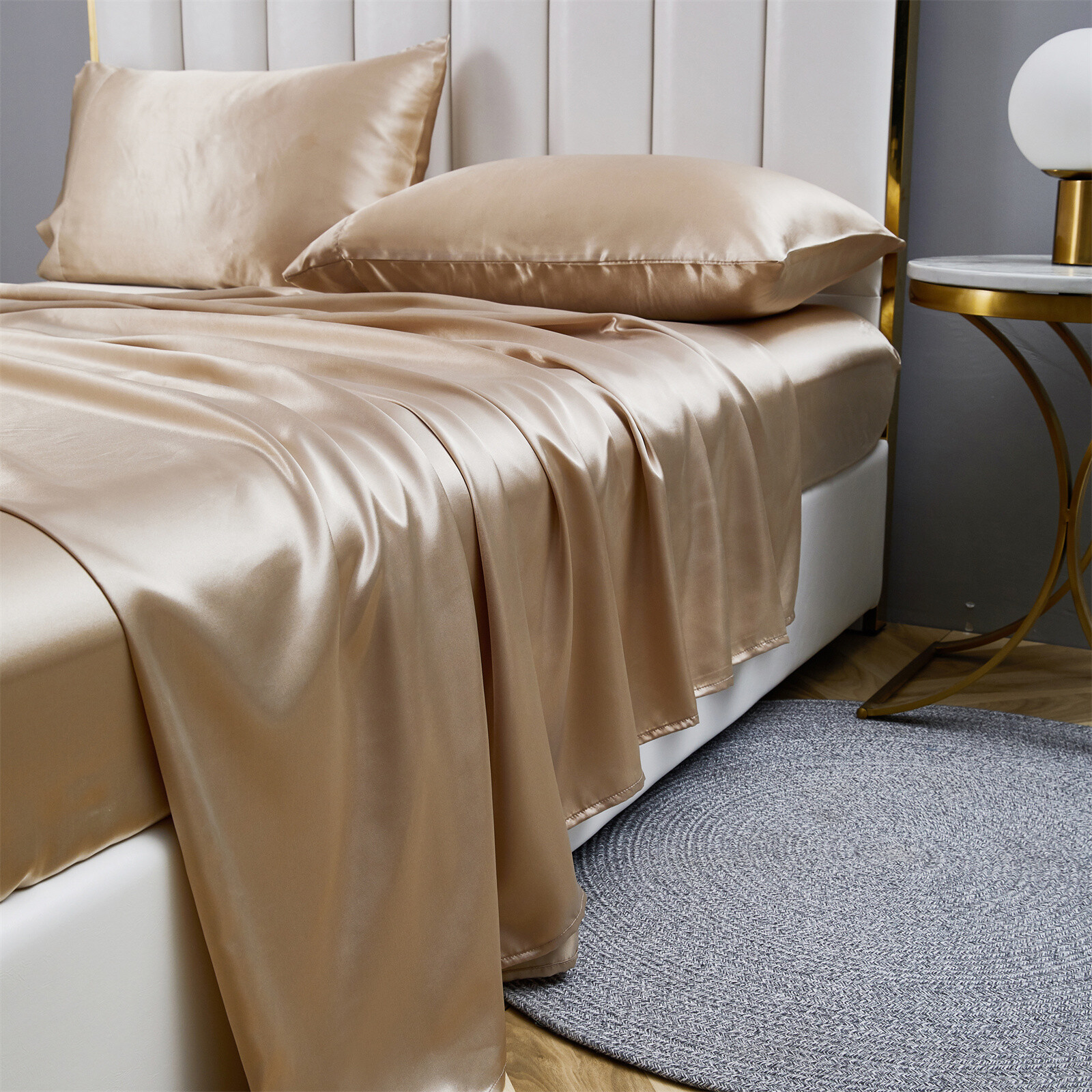 4 Pcs Smooth Satin Silk Sheet Set Deep Pocket Bed Sheet Wrinkle Fade Resistant