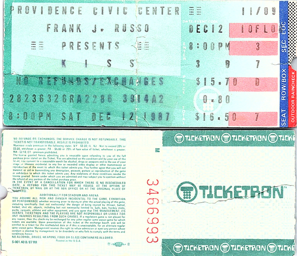 KISS CONCERT TICKET STUB, 12/12/1987, PROVIDENCE CIVIC CENTER