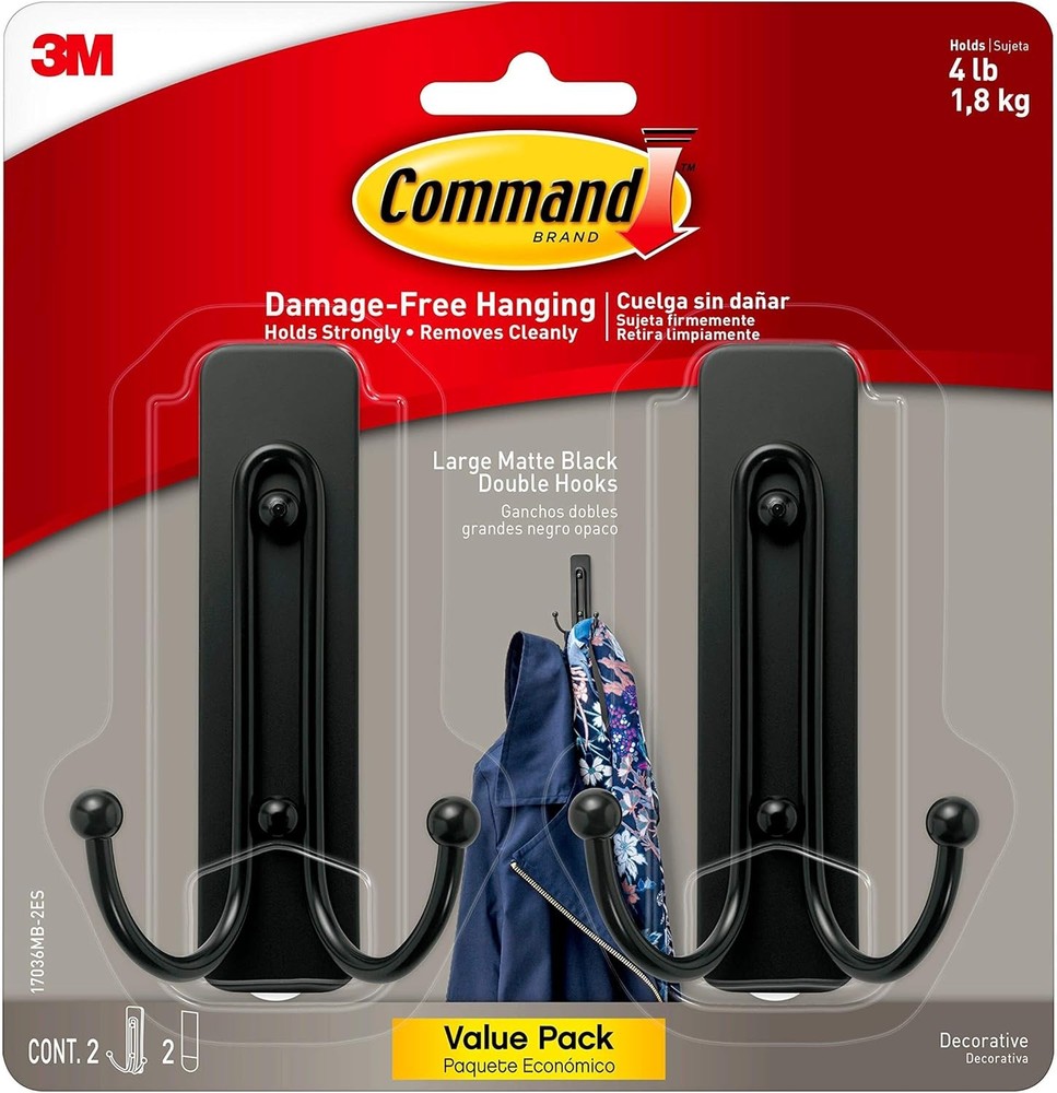 Command Large Matte Black Double Hooks, 2 Hooks and 2 Large,