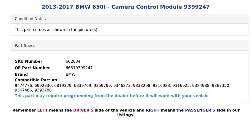 2013-2017 BMW 650I - Camera Control Module 9399247