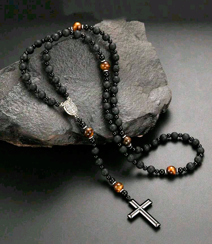 Men's Rosary St. Benedict Medal Black Lava Stone & Tiger Bead