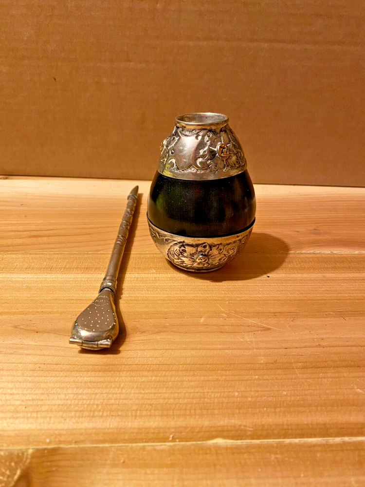 Antique 800 Silver Yerba Mate & Bombilla drinking straw