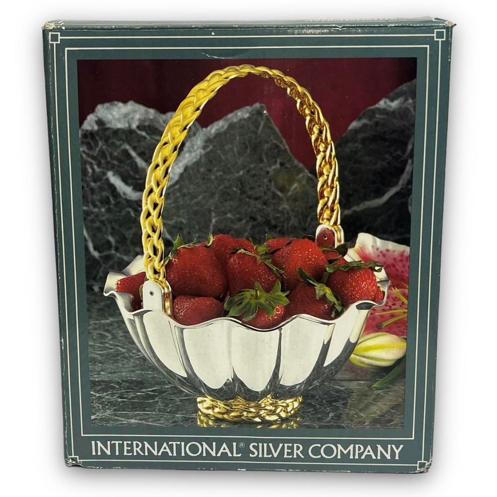 Vintage Silver Plated Basket with Gold Braided Handle and Trim