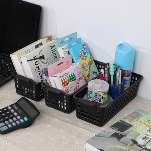 4 Pack Black Narrow Storage Baskets - Multi-Use Small Plastic Organizers