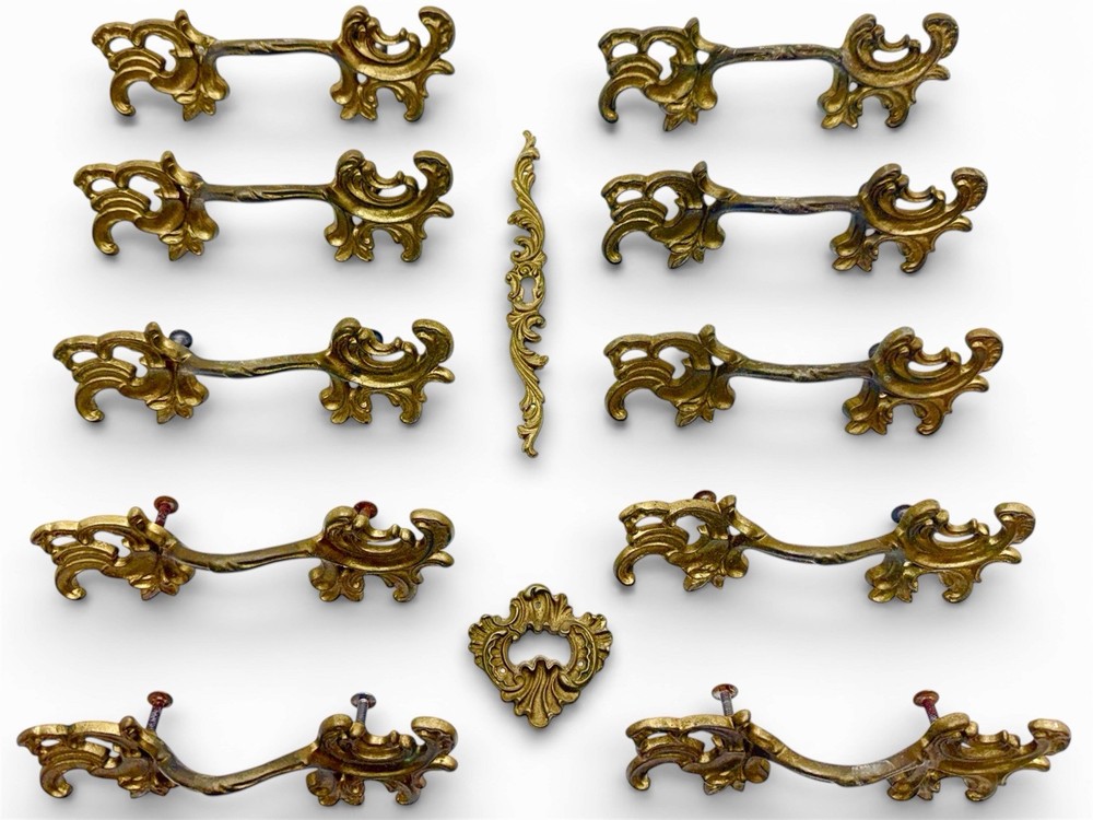 12 Vintage Curved Cabinet Drawer Pull & Escutcheon Hardware Solid Brass