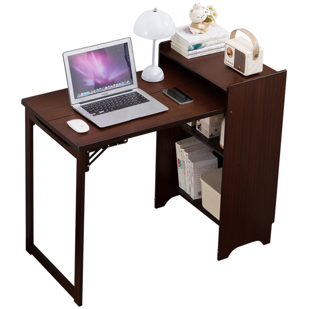 MultiFunctional Bamboo Folding Computer Desk w/ Hidden Storage for Small Space