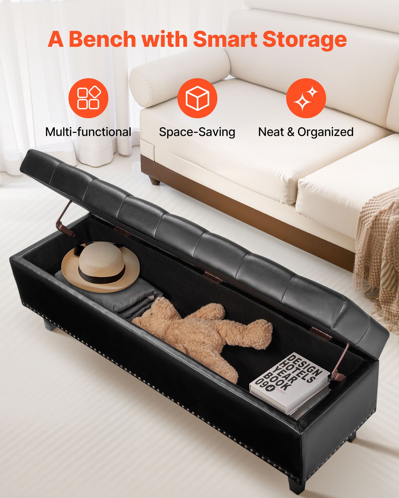 Button-Tufted Storage Ottoman Bench PU Leather Bench with Wood Legs Black