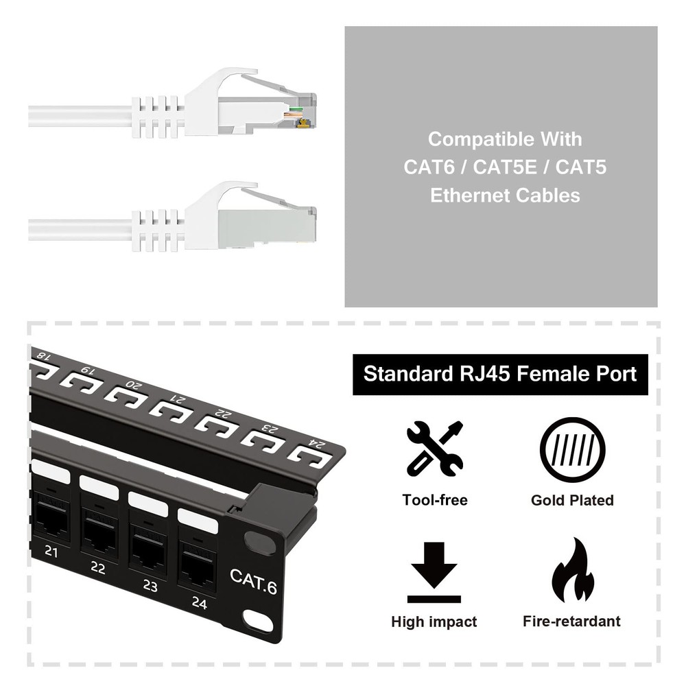 10Gbps Patch Panel 24 Port, RJ45 Through Coupler Cat6 Patch Panel UTP 19-Inch...