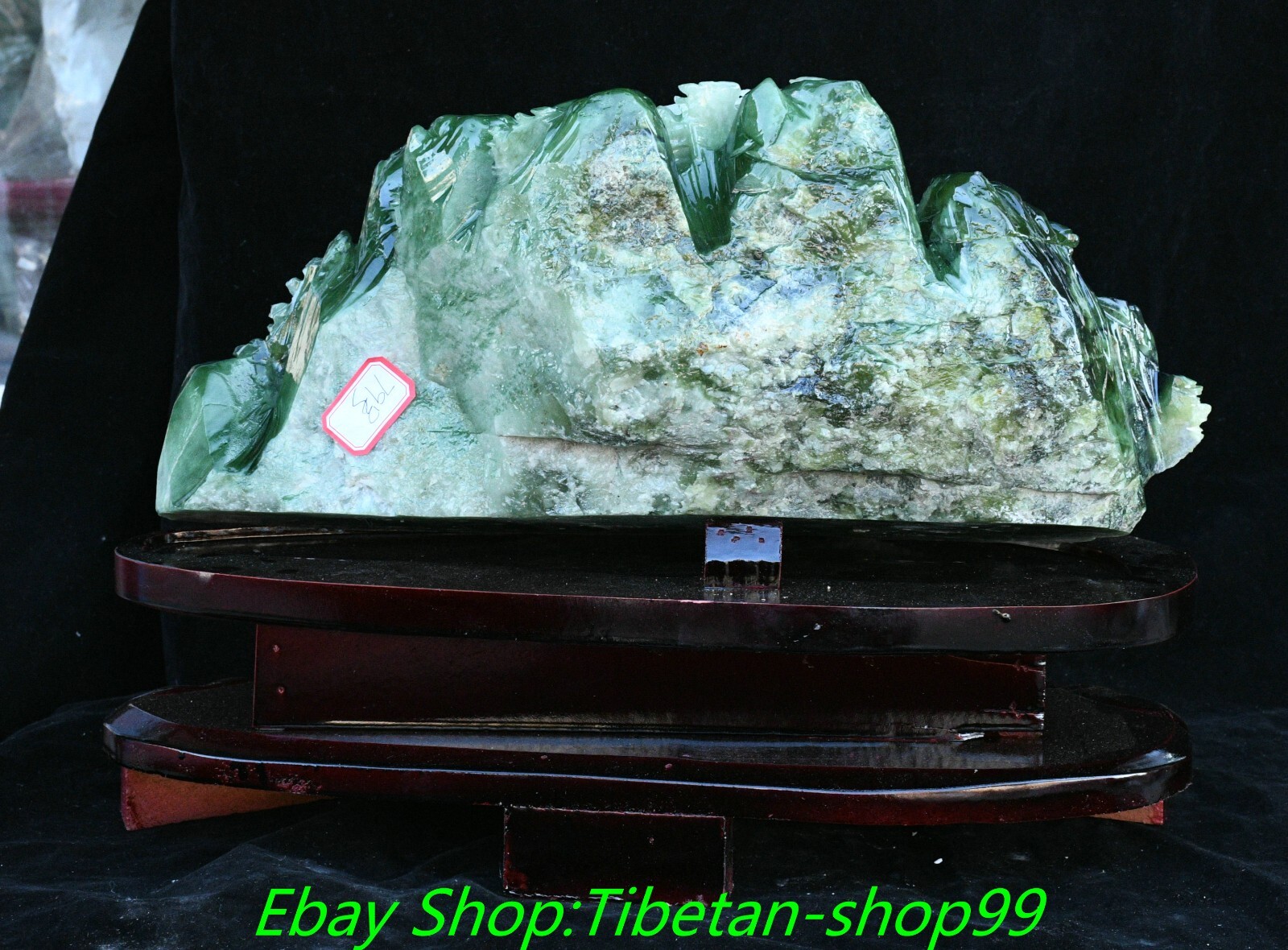 17.3'' Natural Xiu Green Jade Carving Mountain Tree House Shanzi Sculpture