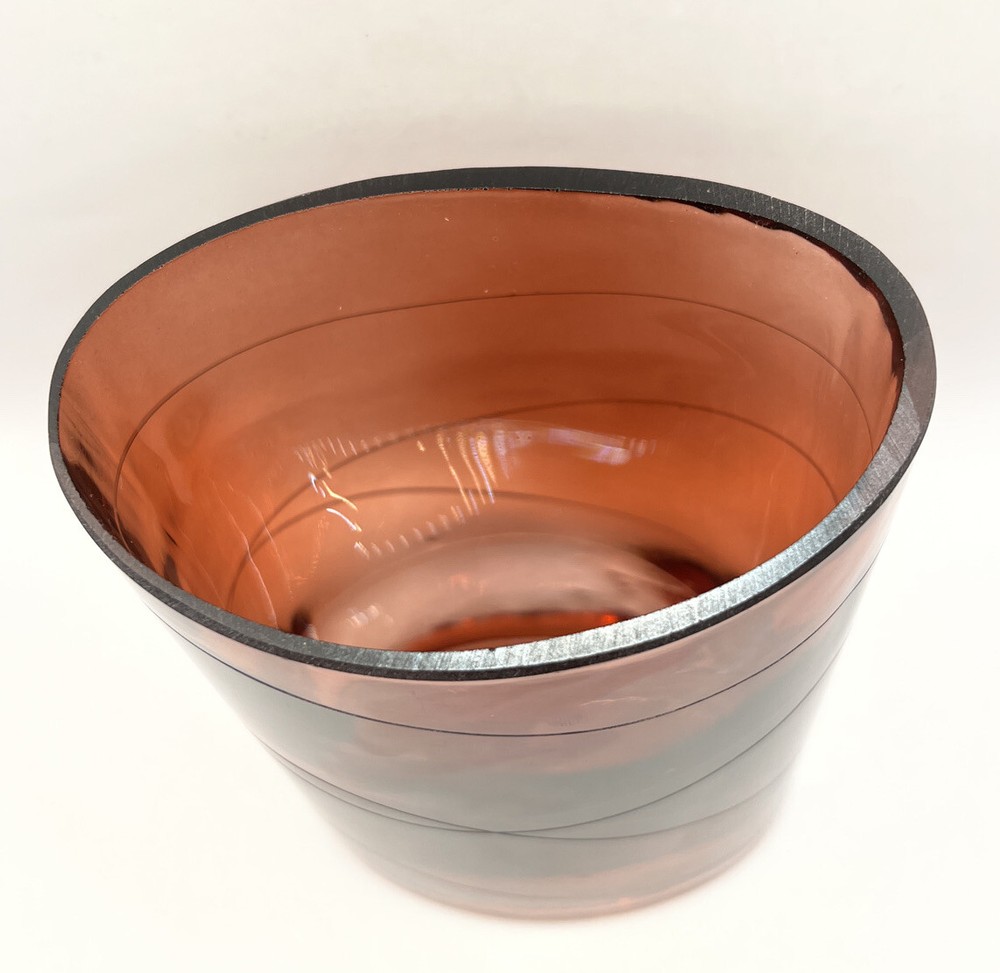 Ruby Red Etched Glass Horizontal Lines Clear Base FTD 7” Oval Top Vase