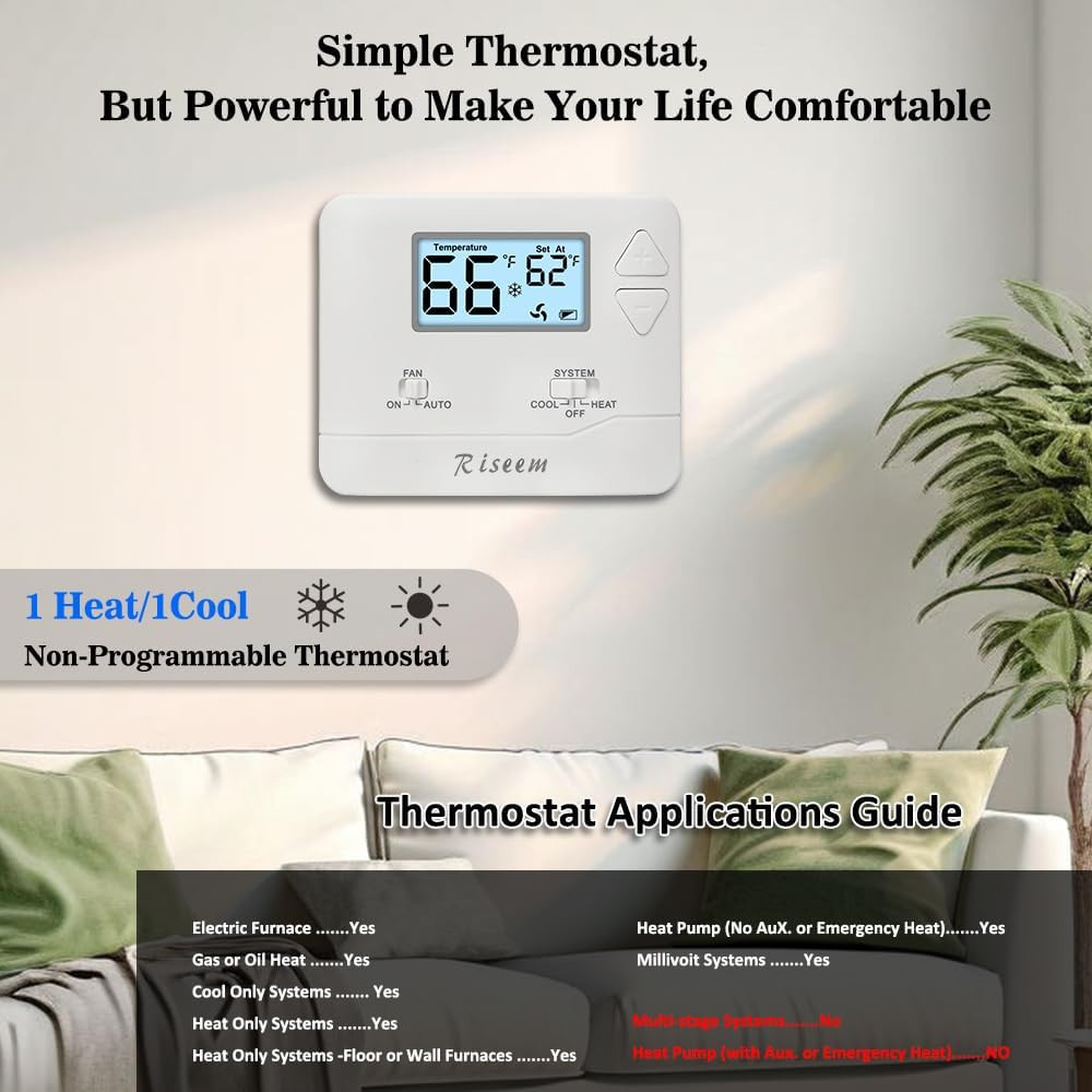 Non-Programmable Wall Thermostat for Home Single-Stage Systems, 1 Heat/1 Cool,