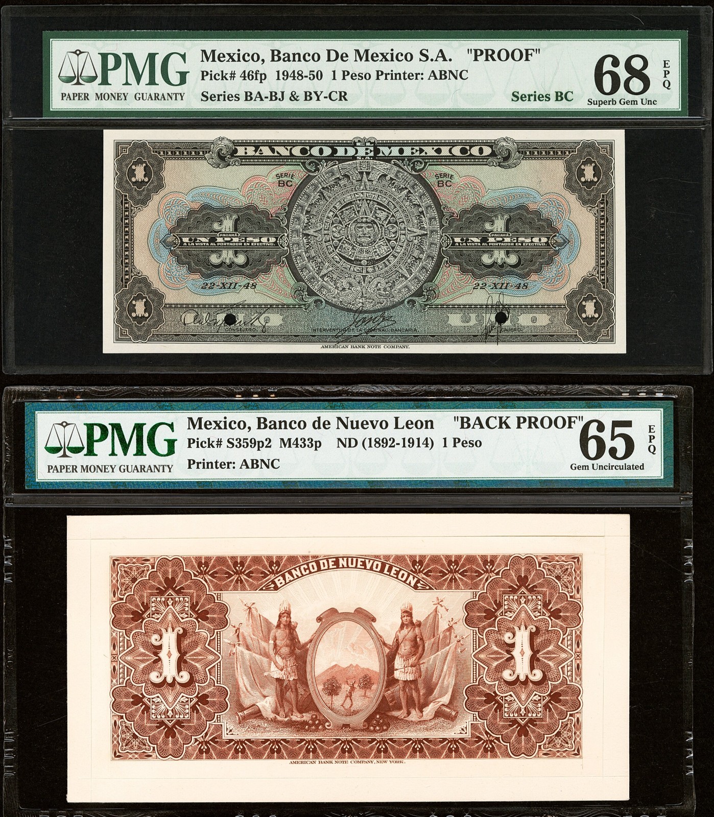 Mexico Proof Pair 1 Peso P46fp PMG68 EPQ Nuevo Leon Back Proof PMG65 EPQ Top Pop
