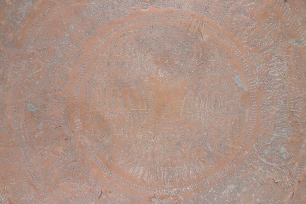Syrian Copper Middle Eastern Large Round Engraved Serving Tray 19.5"