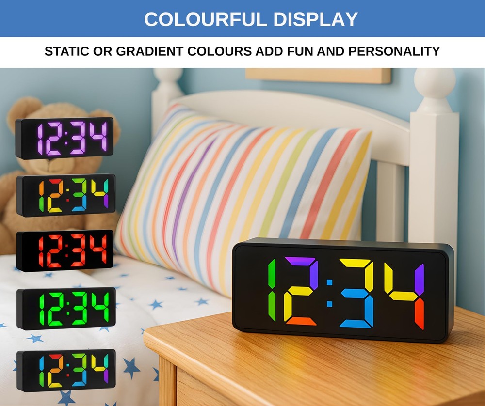Compact LCD Digital Alarm Clock 13 Color Display Modes Battery Backup Snooze