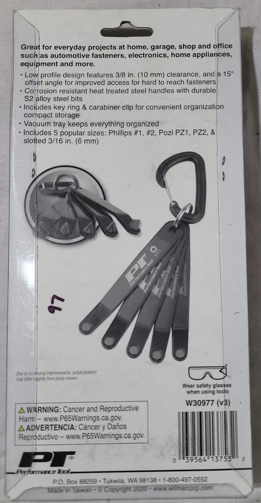 NEW!! Performance Tool 5-Pc Low-Profile Screwdriver Set