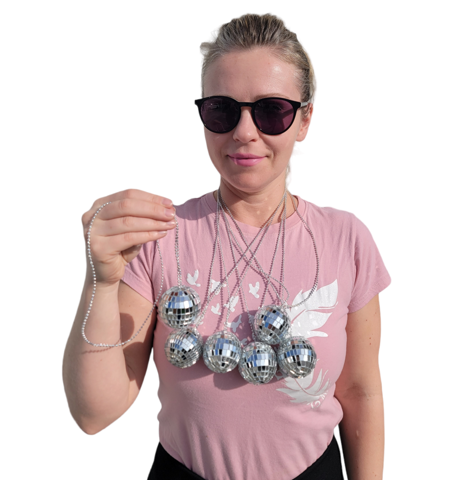 2 Pack - Silver 70s Bling Mirror Disco Ball (2") 26" Chain Necklace Costume DJ