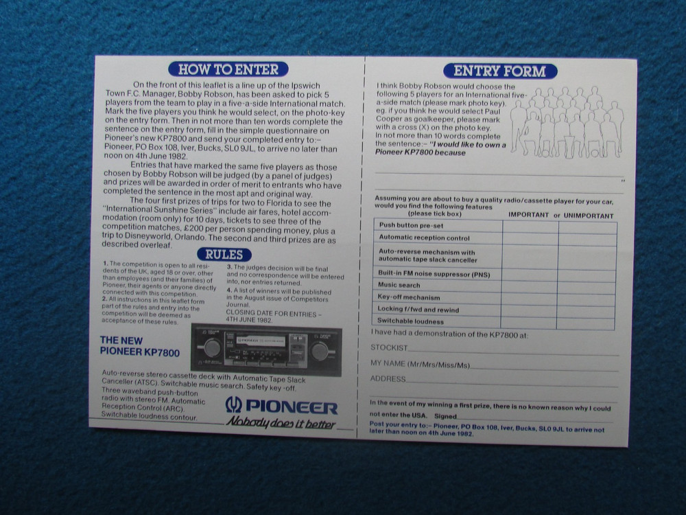 IPSWICH TOWN Competition Entry Form Leaflet 1982