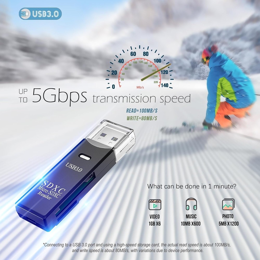 5Gbps USB Card Reader with Dual Slots - Compact Memory Card Adapter in Black