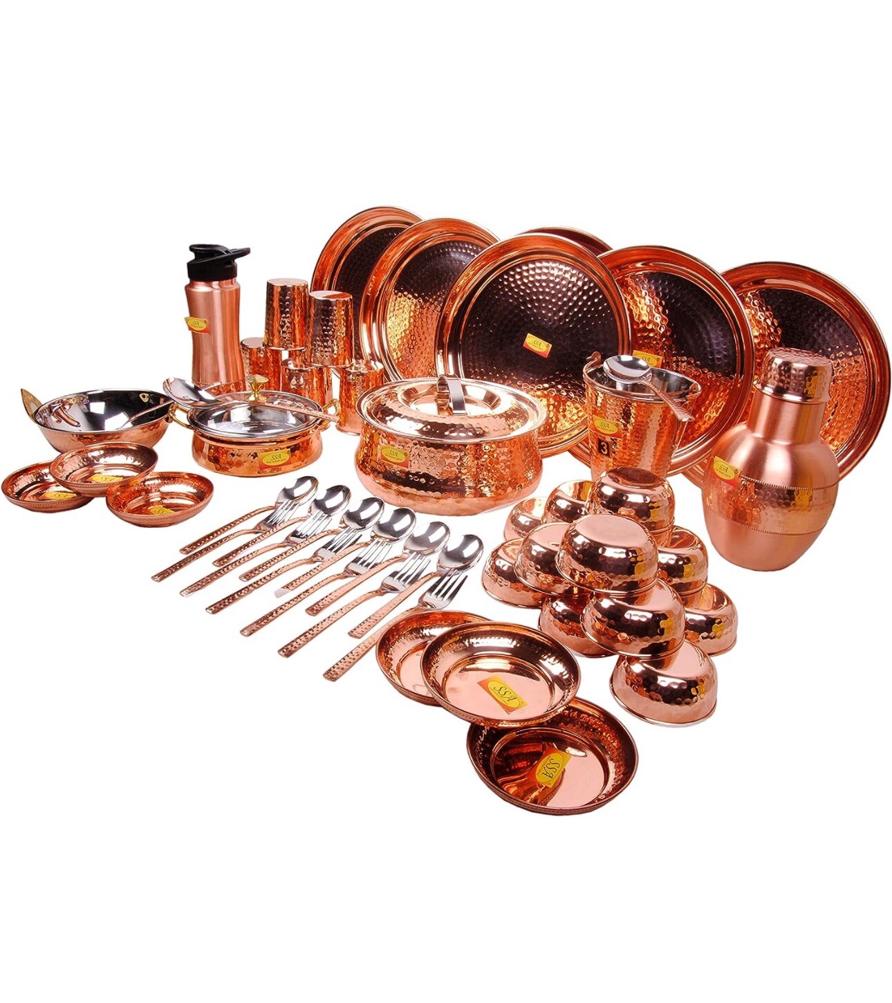 Pure Copper Solid Dinner Set- 51 Pieces- Designer- (Hammered, Brown)