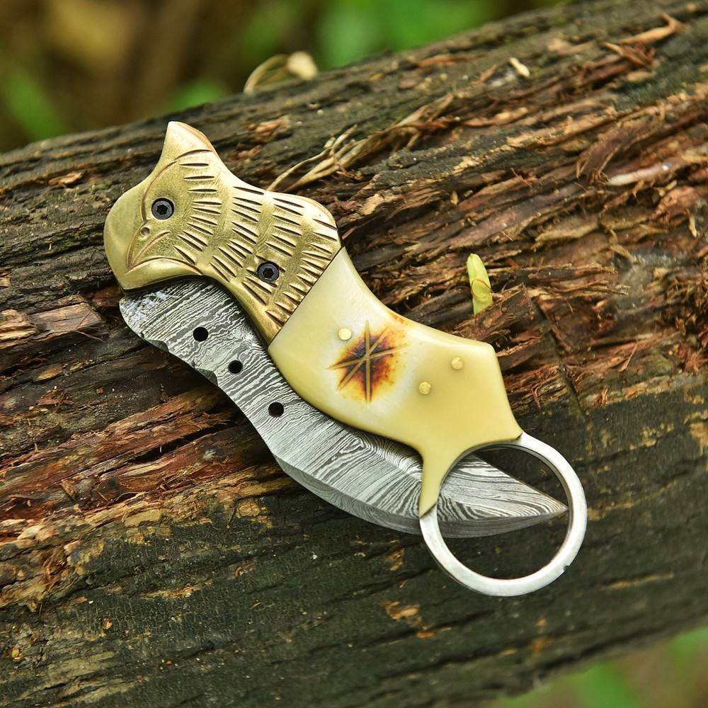Damascus Folding Karambit Blade Pocket Knife Case -Original Camel Bone Handle