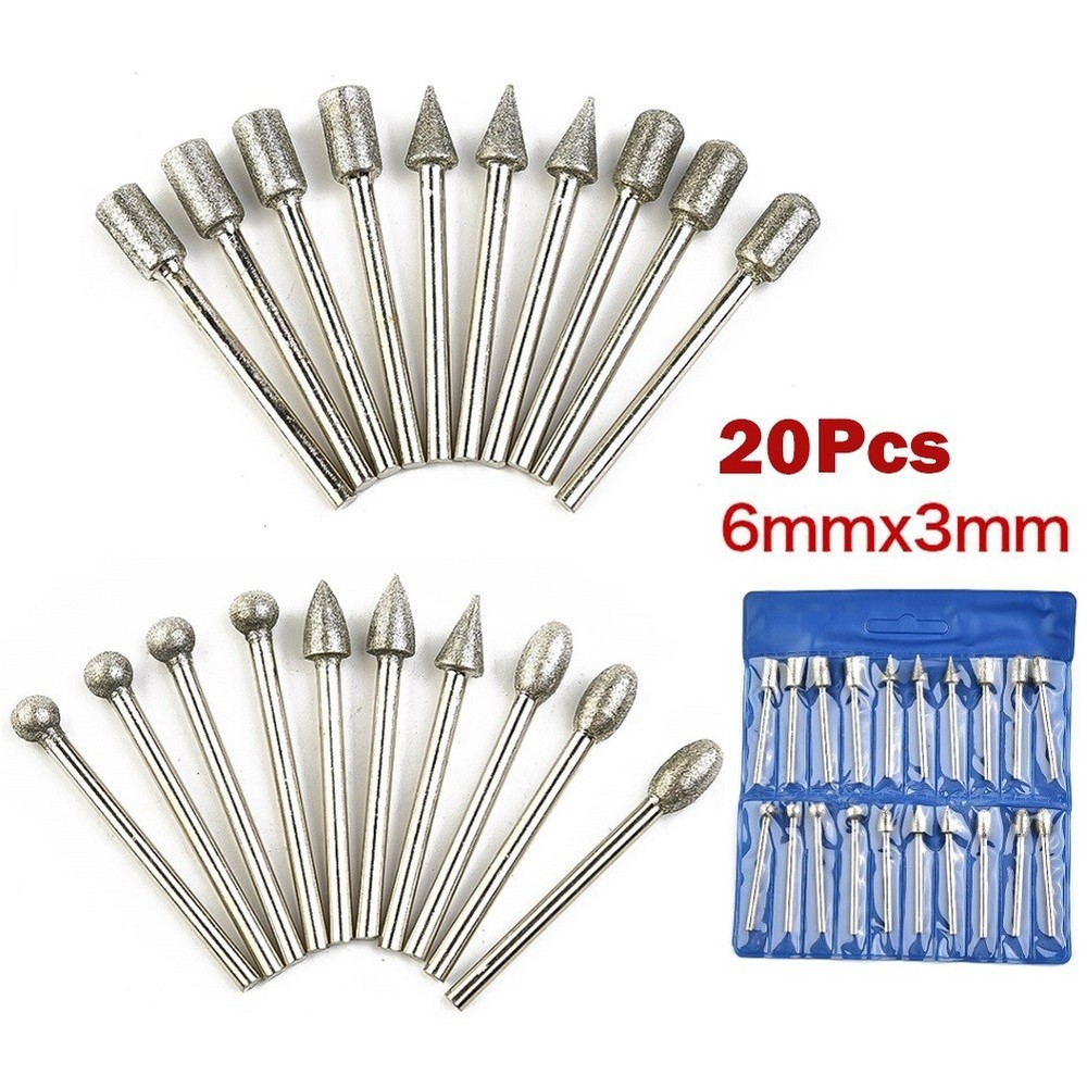 Efficient 3mm Shank Diamond Burr Set Drill Bits 20pcs for Precise Grinding