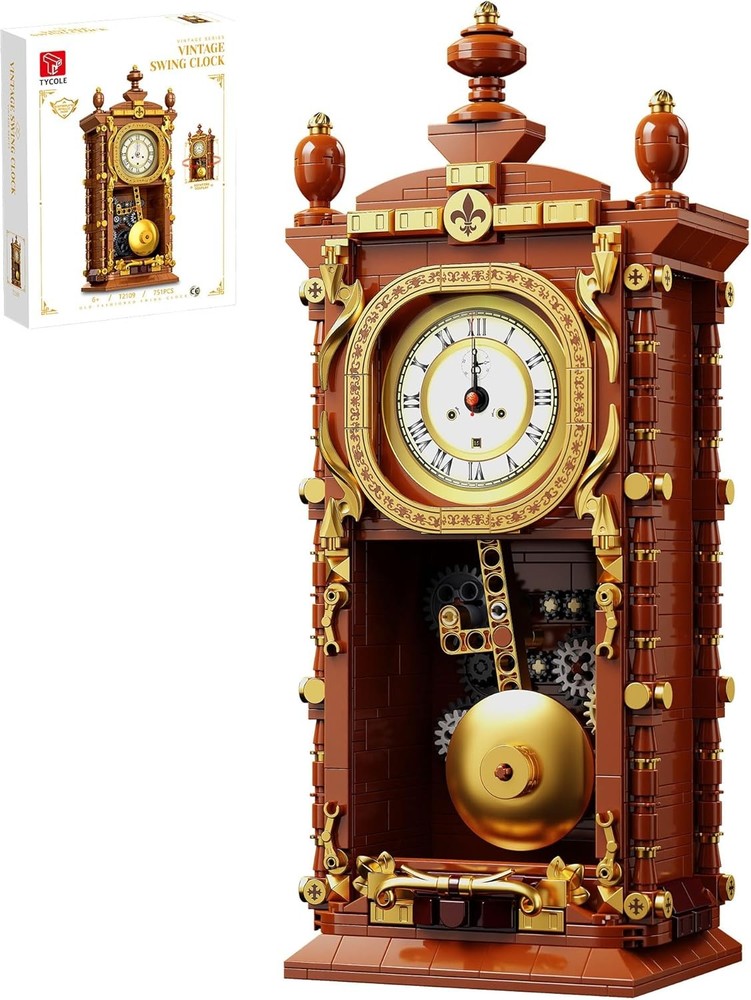 Vintage Pendulum Clock Building Block Set, Stem Toy with Real Clock Function and