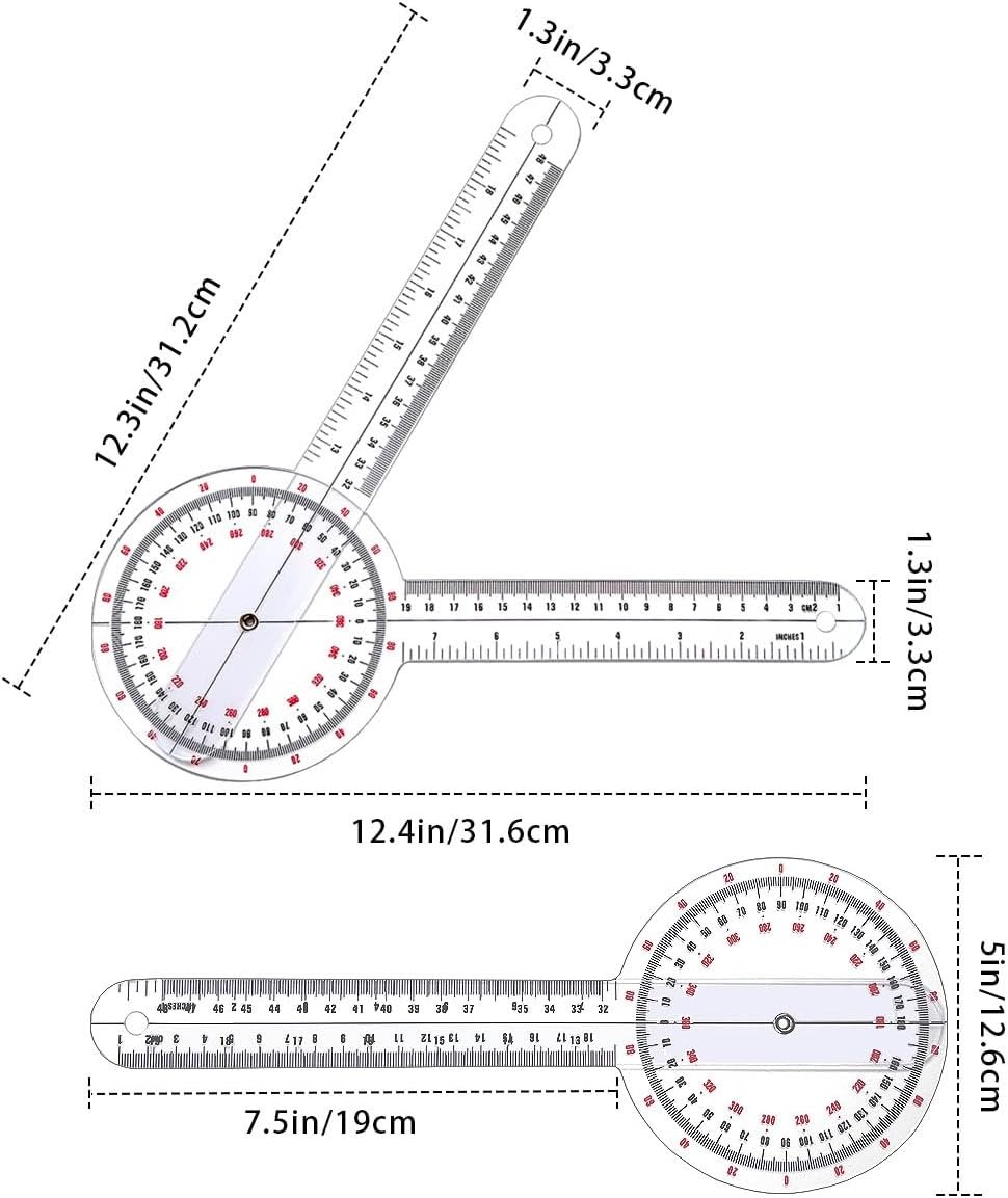 12 inch Transparent Orthopedic Angle Ruler Plastic Goniometer, 360 Degree Clear