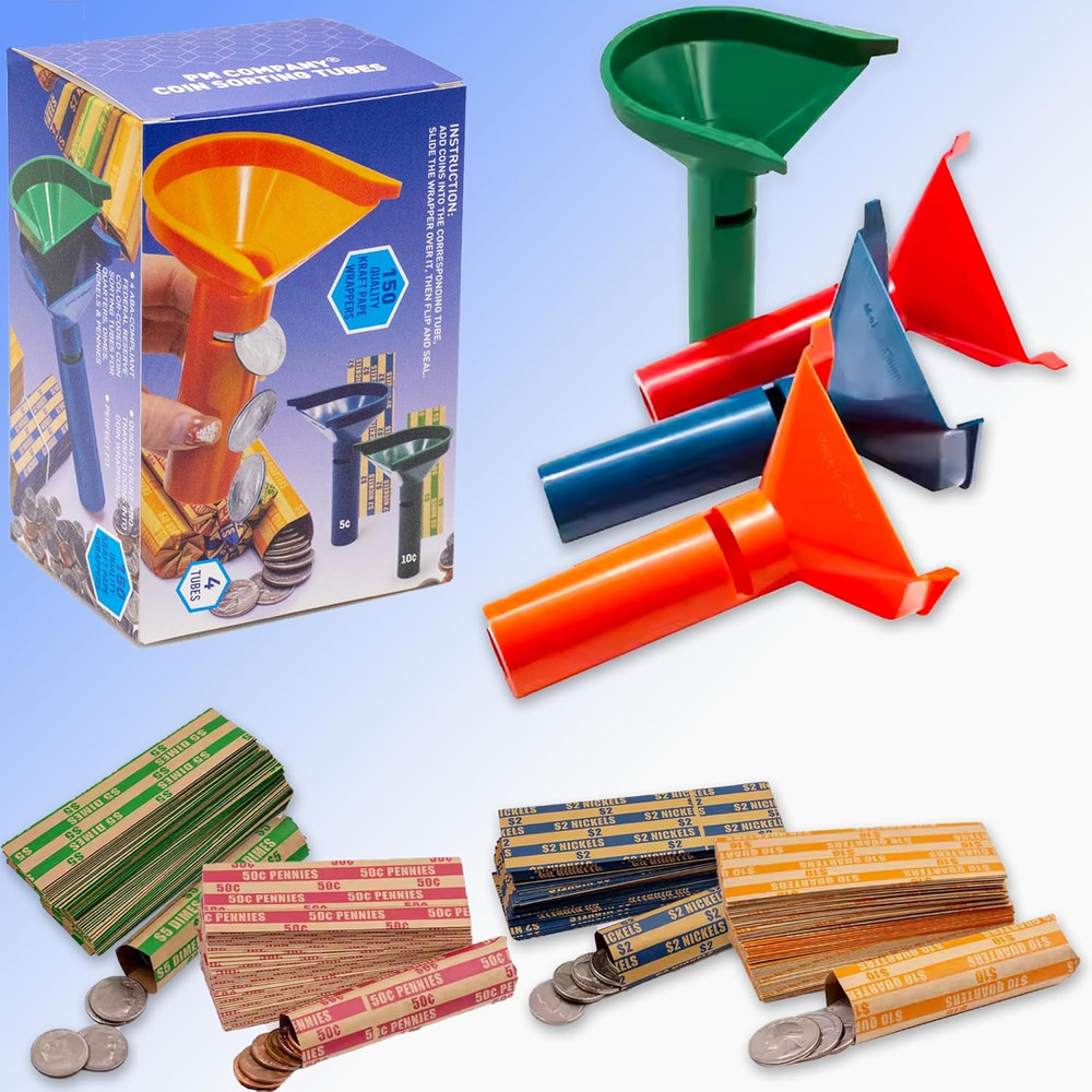Color-Coded Coin Counting Tube with 150 Assorted