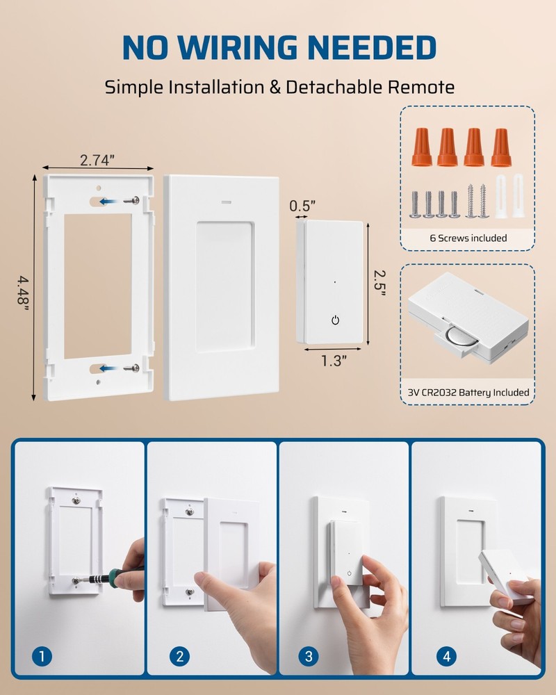 DEWENEILS 3 Way Wireless Light Switch,125V Wireless Light Switch and Receiver