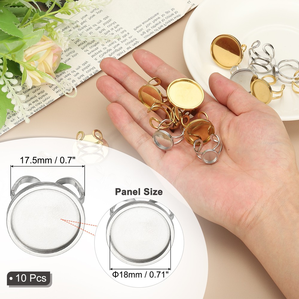 Stainless Ring Blank, 18mm 10 Pcs Adjustable Finger Ring Flat Pad Tray, Silver