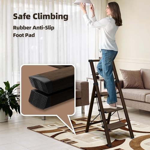 3 Step Foldable Aluminum Step Ladder with 3 Step With Handrail Walnut