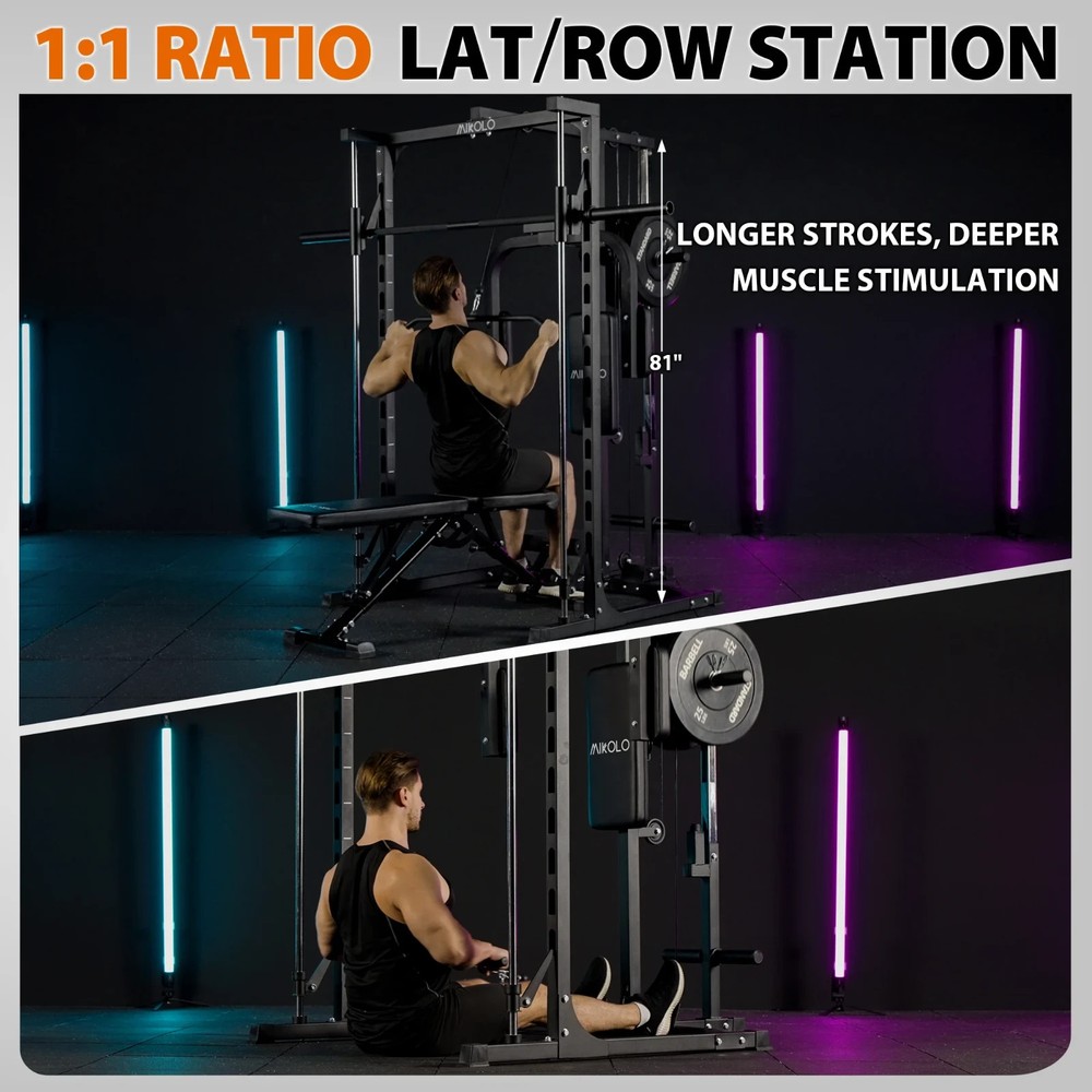 Smith Machine Home Gym Power Rack w/ Pec Deck Lat Pulldown & Low Row