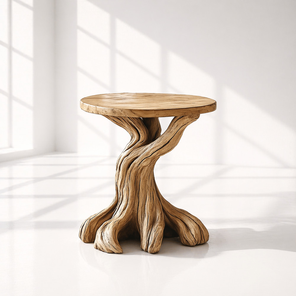 Wood Side Table Rustic Solid Wood Tree Root Base Round Top Handmade End Table