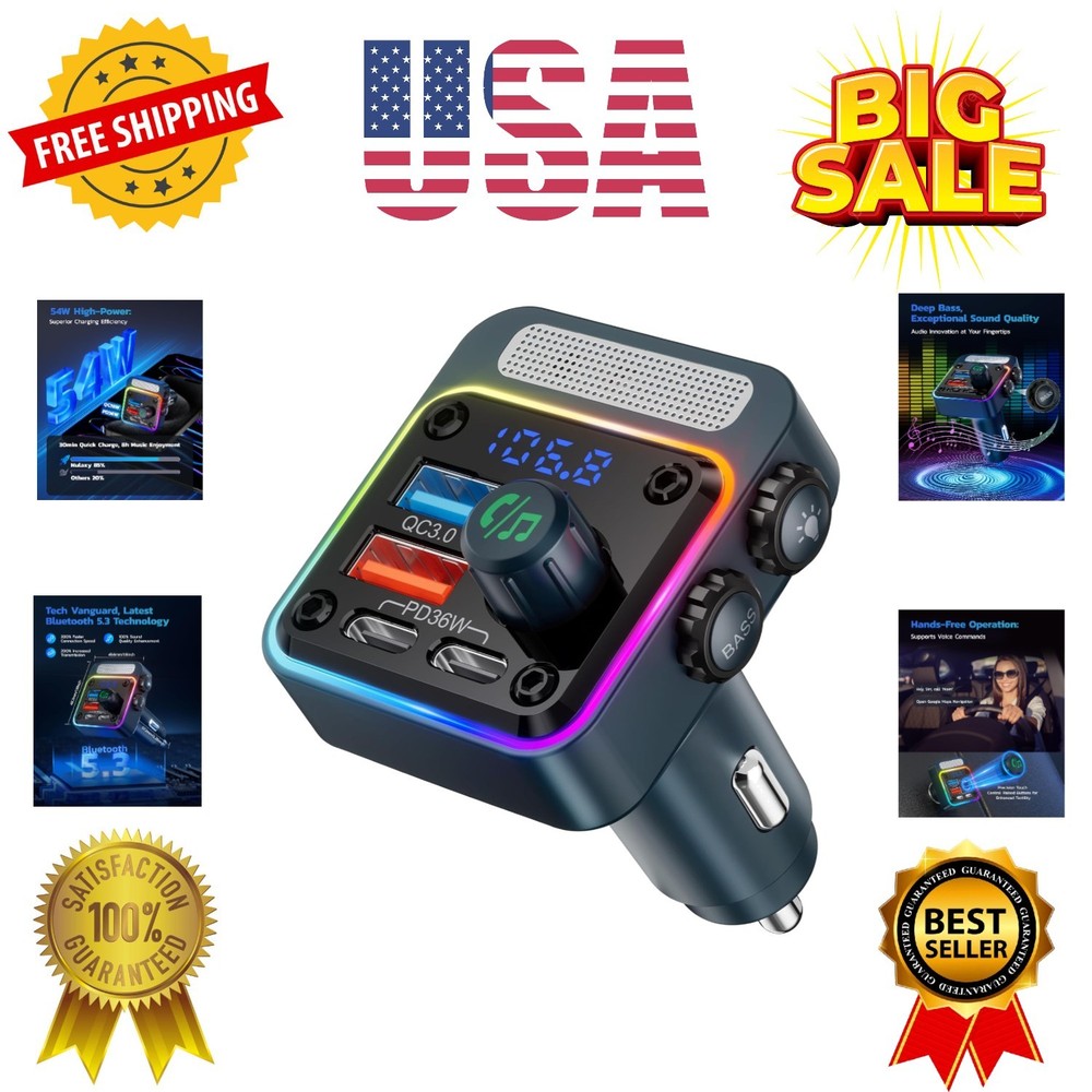 54W Bluetooth 5.3 Car Adapter with 4 Charging Ports [PD 36W & QC3.0 18W], Wir...