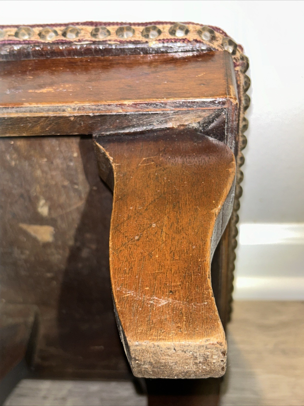 19thC Antique Victorian Stud Accents Footstool Floral Needlepoint Carved Walnut*