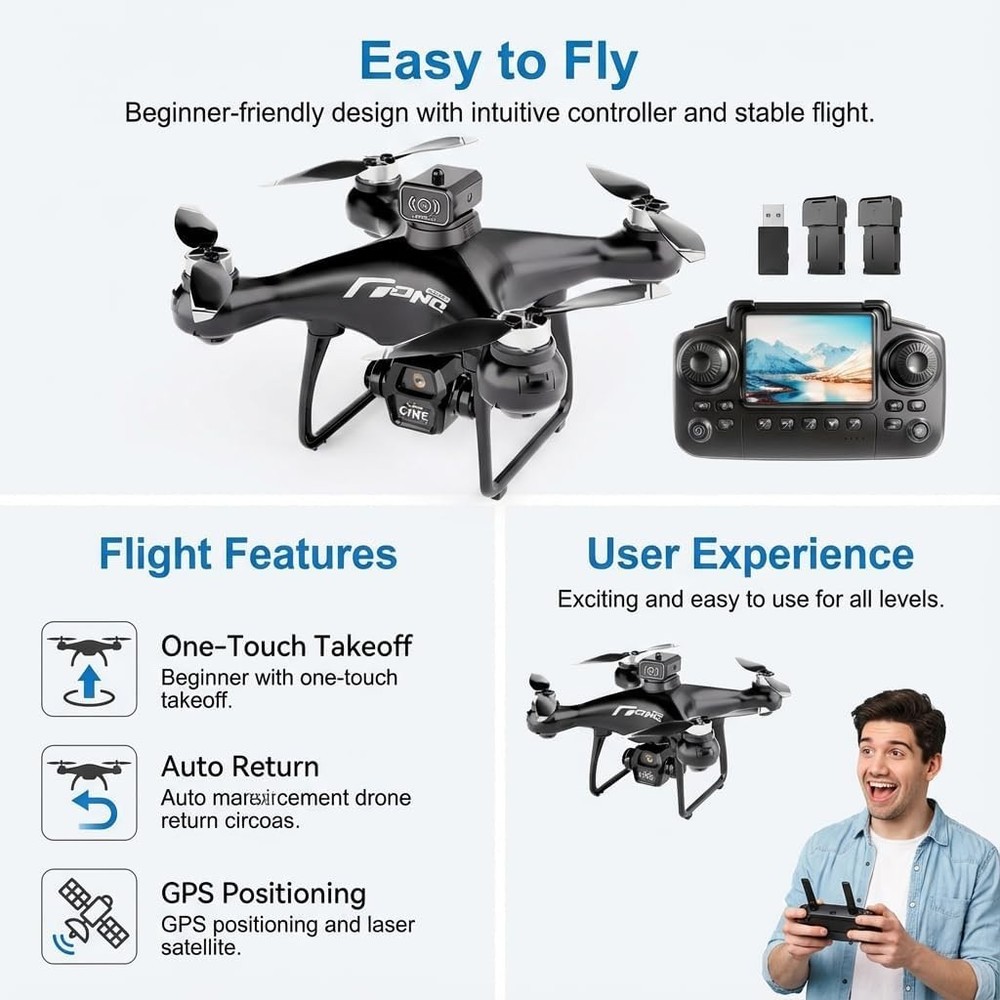 Beginner Foldable Drone with Screen Controller 720p HD Camera 2 Batteries Black