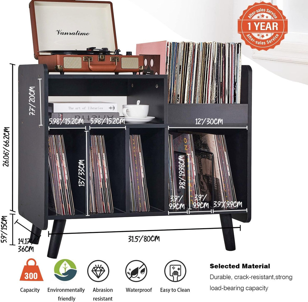 Record Player Stand, Large Record Player Table Cabinet with Open Vinyl Storage a