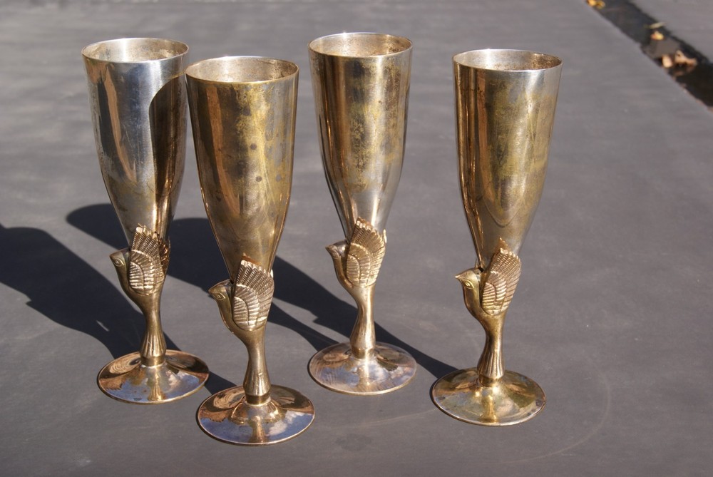 Vintage Godinger 8" Heavy Silver Plated & Brass Flute Goblets, India, Set of 4