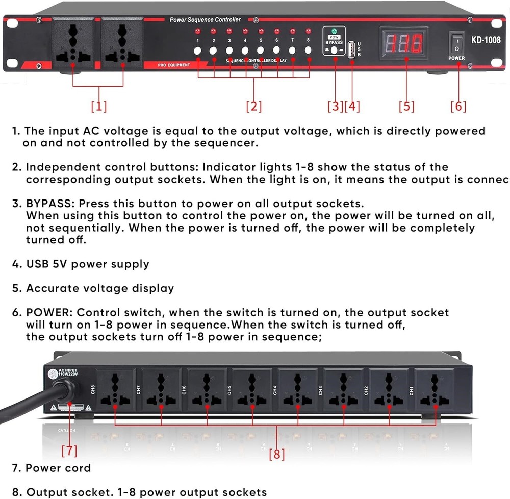 QST 10-Outlet Rack-Mountable AC Power Sequencer Conditioner (1008)USB,Surge Prot