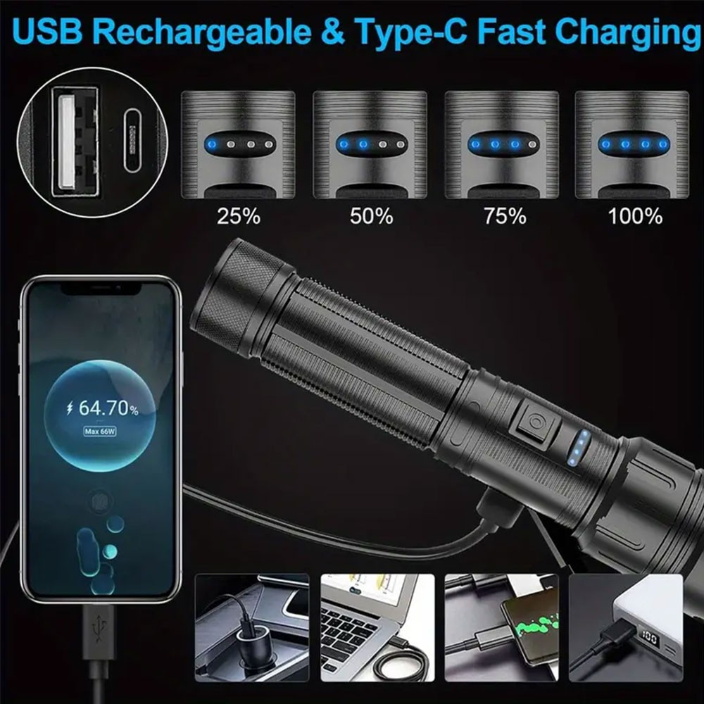 2PCS 20W LED Torch Zoomable Flashlight USB Rechargeable COB Soft White/Red Light