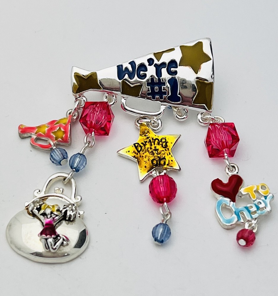 Silver Tone Enamel Cheerleader Dangle Pin/Brooch