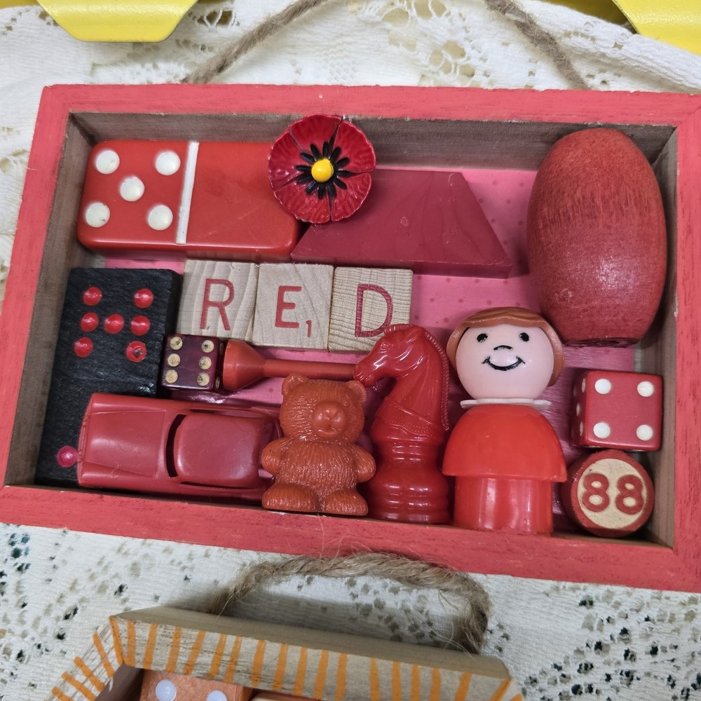 Upcycled Color Shadow Box Assemblage Nursery Art Rainbow + Pink