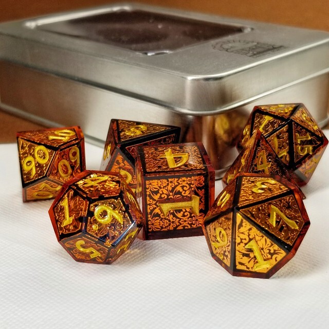 Sage's Arabesque Copper Sharp Edge Resin Polyhedral Dice Set DnD RPG TTRPG