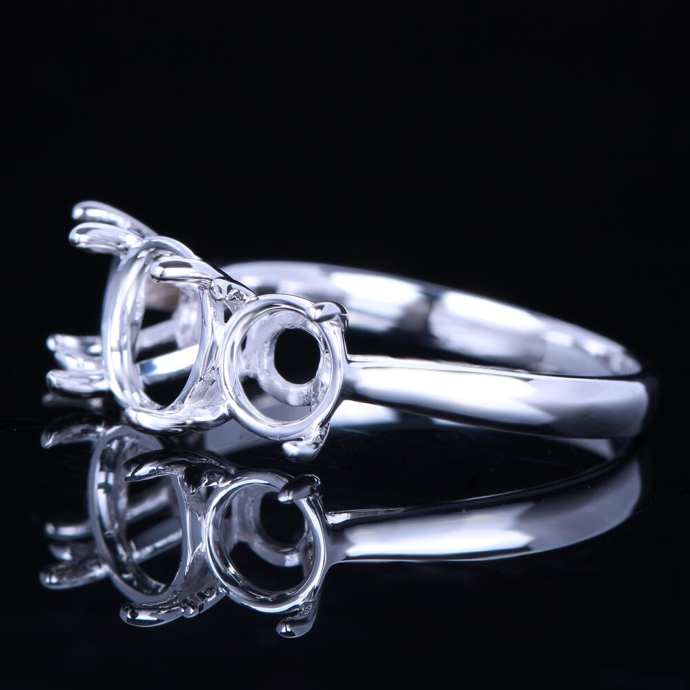 Solid 10K White Gold Three-Stone 8mm&6mm Round Empty Ring Setting
